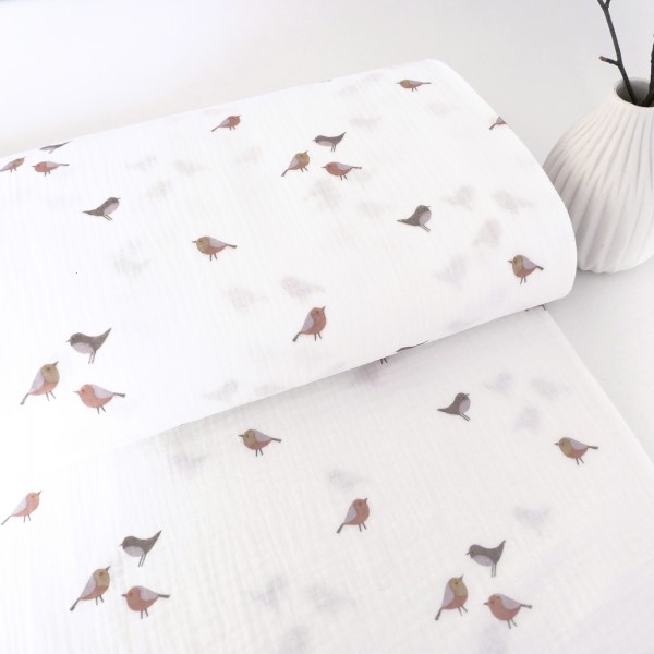 Musselin, Double Gauze, Vögel, Off-White, Meterware