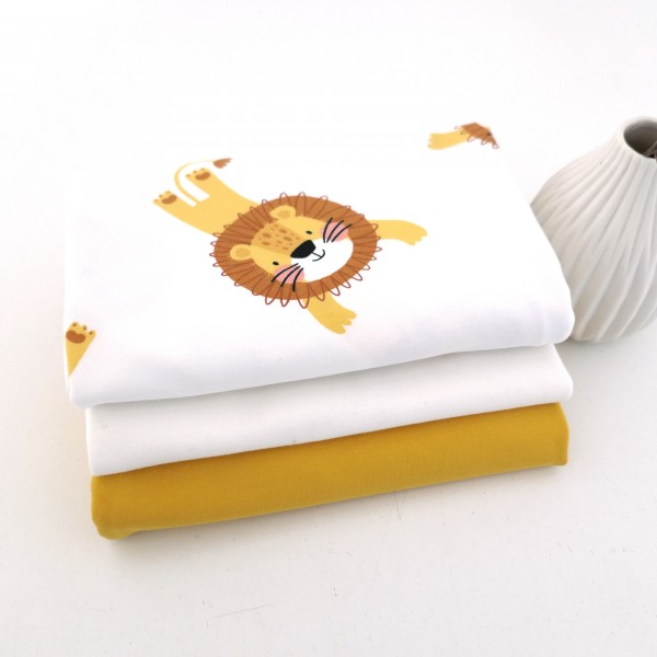 Stoffpaket Jersey 'Wilde Löwen' Off-White, Uni Gelb, 50cm Bündchen