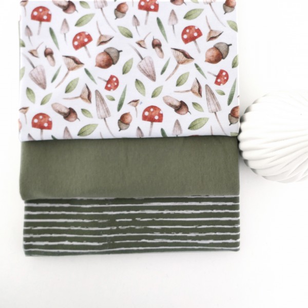 Jersey Stoffpaket, Pilze und Eicheln Weiß, Linien, Moos, 50cm Bündchen