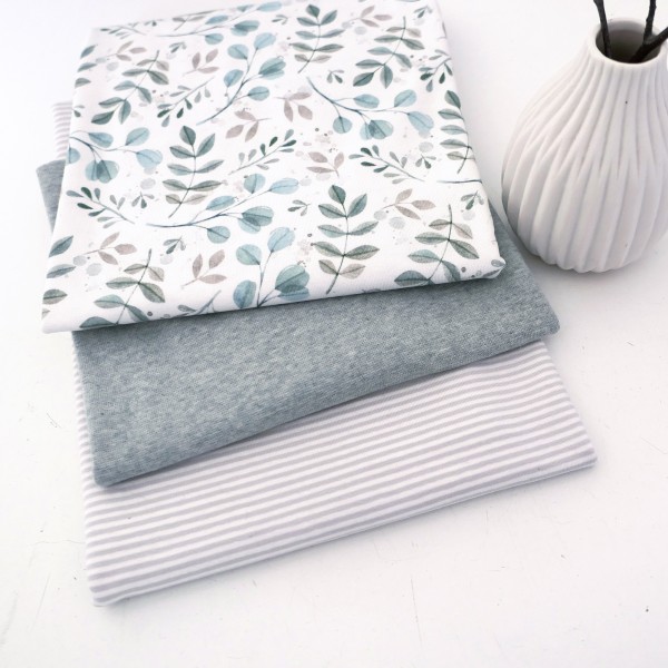 Jersey Stoffpaket, Zweige, Blätter, Mint, Ringel, Hellgrau, 25cm Bündchen