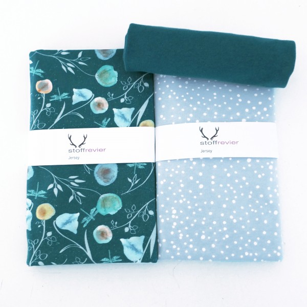 Stoffpaket Jersey Aquarellblüten Joy, Kleckse Bleu, Bündchen