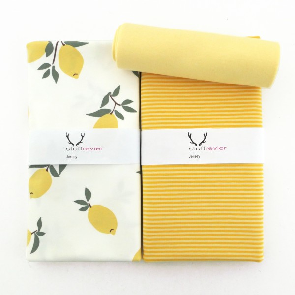Stoffpaket Jersey, große Zitronen, Ringel Gelb, 50 cm Bündchen