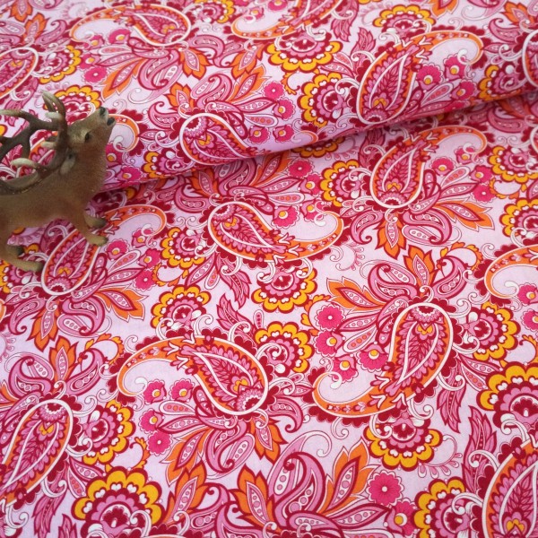 Baumwollstoff, Paisley, Blumen, Pink, Meterware