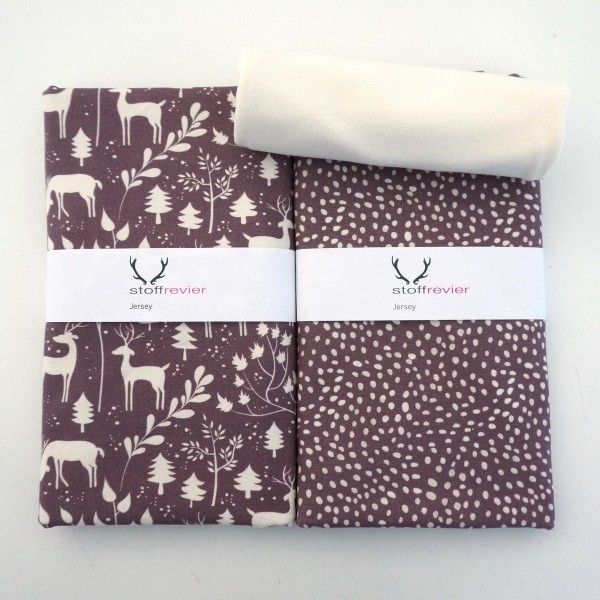 Stoffpaket Jersey, 'Miniwinter', Rotwild, Kleckse Mauve, Bündchen