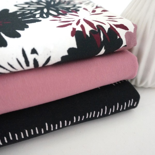 Stoffpaket Jersey, große Blüten, Altrosa, Striche Schwarz, Uni