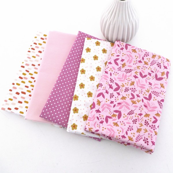 Restepaket Baumwolle, Blumen, Striche, Punkte, Uni, Rosa, Weiß, Gelb