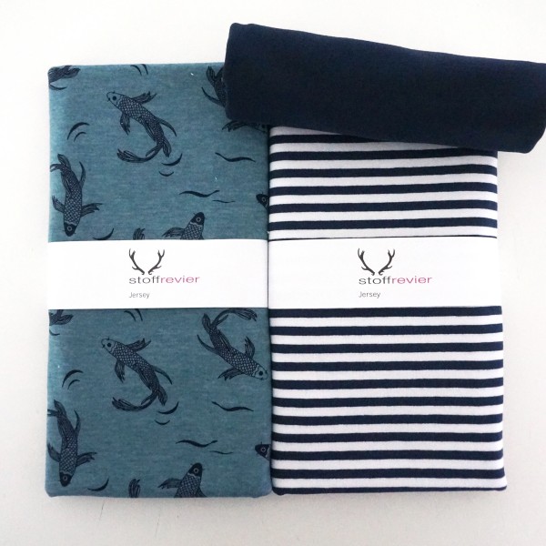 Stoffpaket Jersey Kois, Fische, Streifen, Dunkelblau, Bündchen