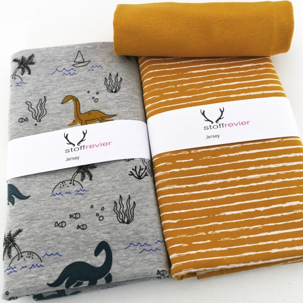 Stoffpaket Jersey, Dinos Hellgrau/Bunt, Linien Senf, 50cm Bündchen