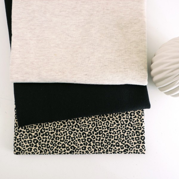 Jersey Stoffpaket, Leopard Creme/Schwarz, Uni Creme meliert, 50cm Bündchen