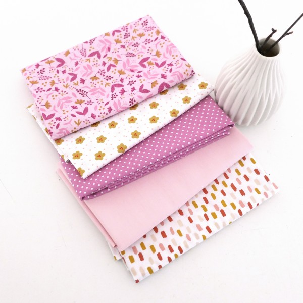 Restepaket Baumwolle, Blumen, Striche, Punkte, Uni, Rosa, Weiß, Gelb