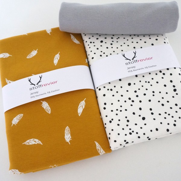 Jersey Stoffpaket Federn Senf, Kleckse Weiß