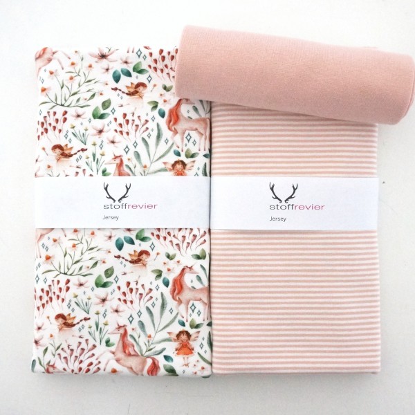 Stoffpaket Jersey, Einhörner und Elfen, Ringel Rosé, 50 cm Bündchen