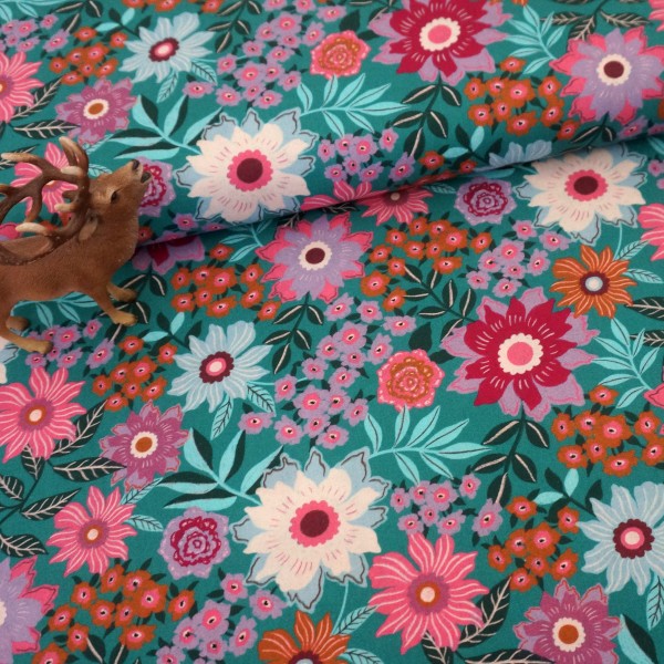 Baumwollstoff, bunte Blumen, Mint, Bunt, Meterware