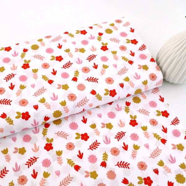 Baumwollstoff, Popelin, Streublumen, Weiß, Rosa, Rot, Gelb, Meterware