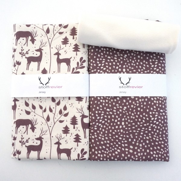 Stoffpaket Jersey, 'Miniwinter', Rotwild, Kleckse Mauve, Bündchen