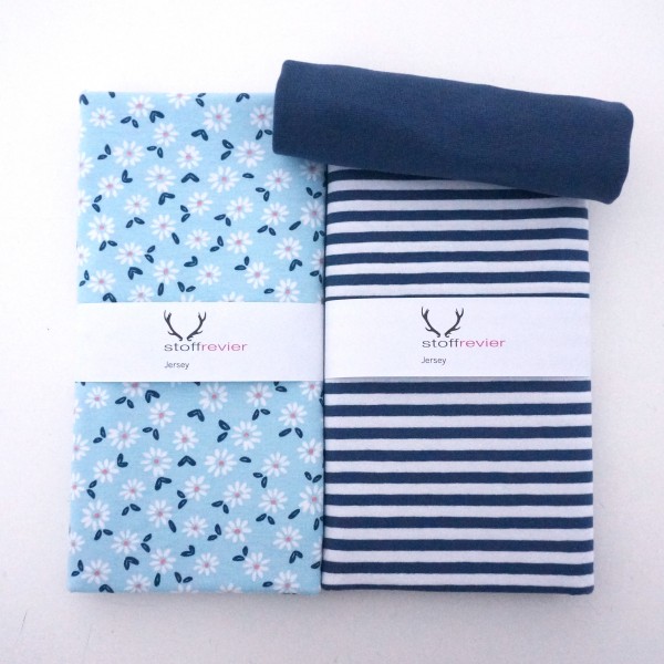 Stoffpaket Jersey, Streublumen, Hellblau, Streifen, Bündchen