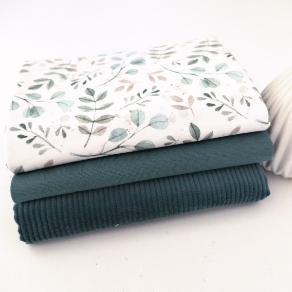 Stoffpaket Jersey Zweige, Blätter, Cordjersey Uni Smaragd, Bündchen