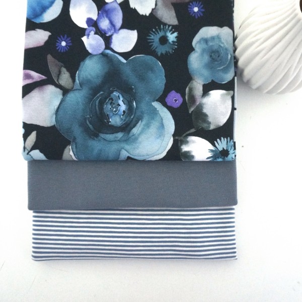 Stoffpaket Jersey, FlowerBouquet, Ringel Blau, 50cm Bündchen