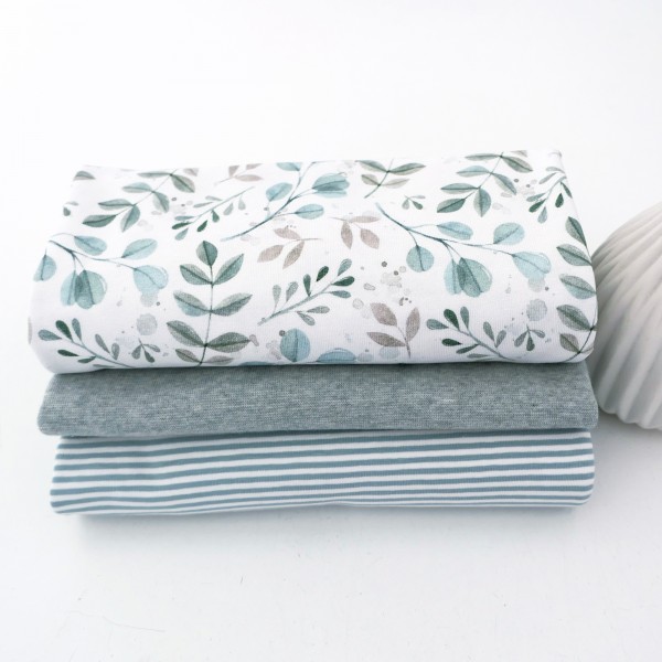 Jersey Stoffpaket, Zweige, Blätter, Mint, Ringel, Mint, 50cm Bündchen