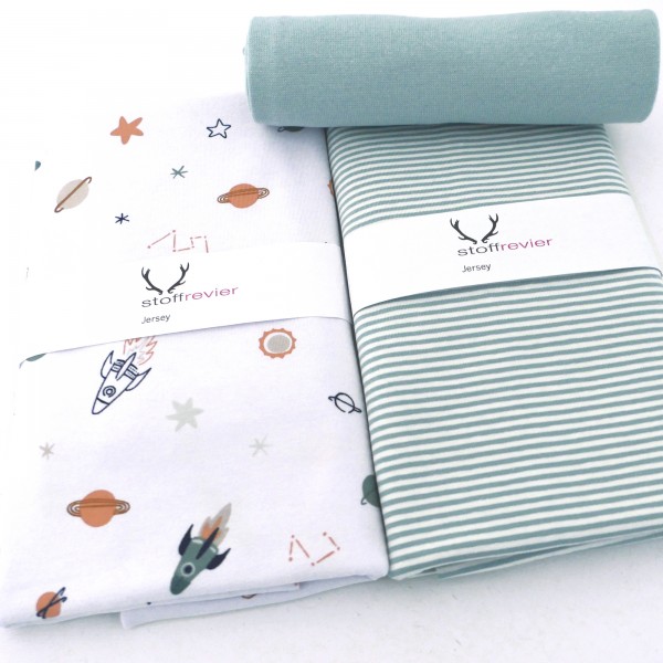 Stoffpaket Jersey 'Space' Weiß, Ringel Mint, Bündchen