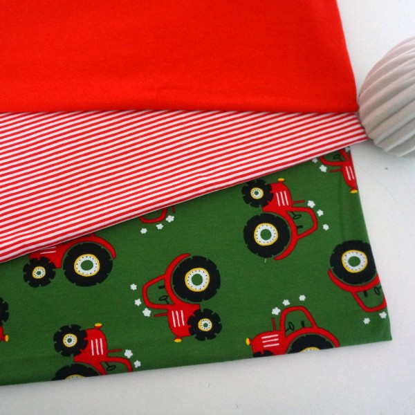 Stoffpaket Jersey, Trecker, Traktor, Rot, Ringel, 50cm Bündchen