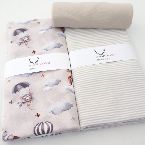 Stoffpaket Jersey Let's Fly, Warmgrau, Ringel, 25 cm Bündchen