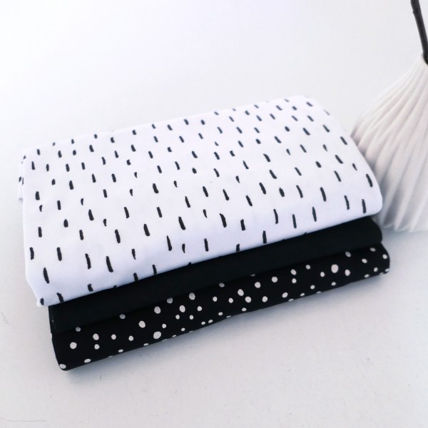 Jersey Stoffpaket, Black&White, Striche Weiß, Kleckse Schwarz, 50cm Bündchen