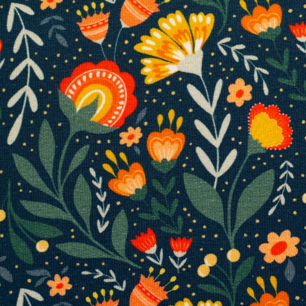 French Terry, Fields of Joy, Blumen, Dunkelblau, Bunt, Meterware