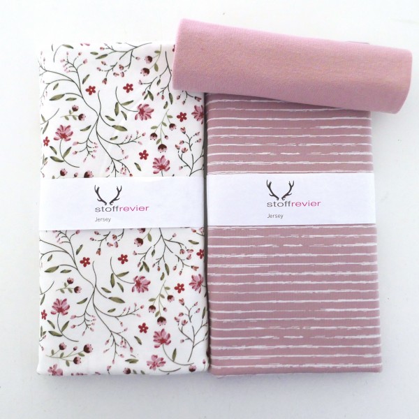 Jersey Stoffpaket, Blumenranken, Ranken, Linien, 50cm Bündchen Softrose