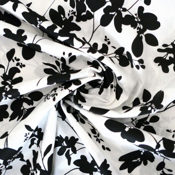 Baumwollstoff, Blumen, Weiß, Schwarz, Meterware