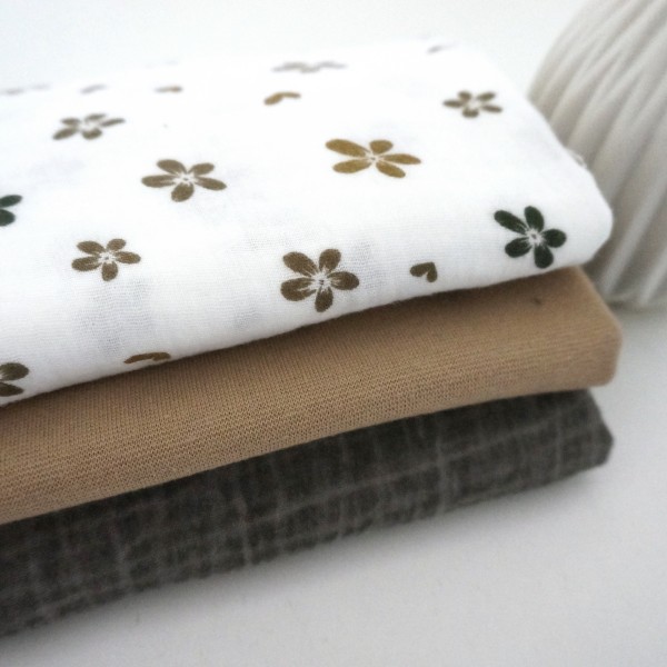 Stoffpaket Musselin, Streublumen Taupe, Uni Dirty Washed, Bündchen