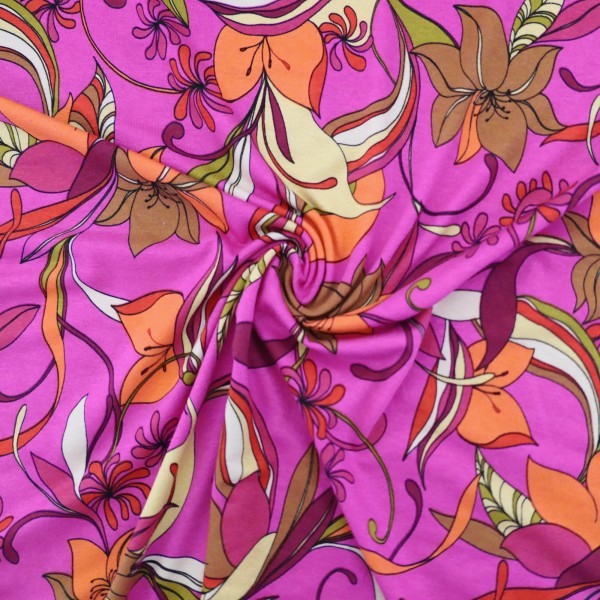 Viskosejersey, Lilien, 70er, Pink, leichter Kleiderstoff, Meterware