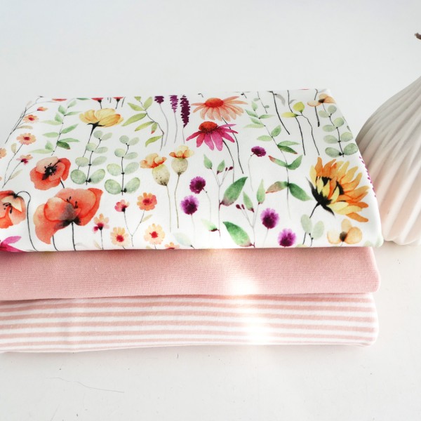 Stoffpaket Jersey Wiesenblumen, Off-White, Ringel Lachsrosa, Bündchen