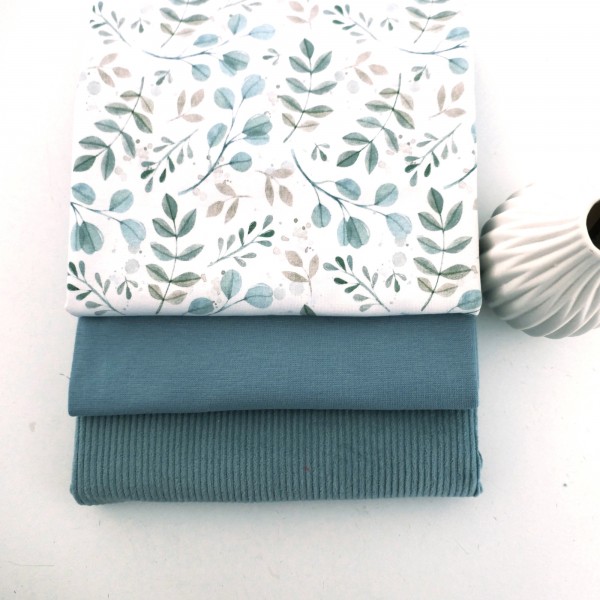 Stoffpaket Jersey Zweige, Blätter, Cordjersey Uni Mint, Bündchen