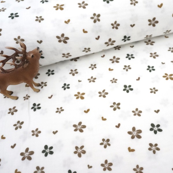 Musselin, Double Gauze, Streublumen, Taupe, Meterware