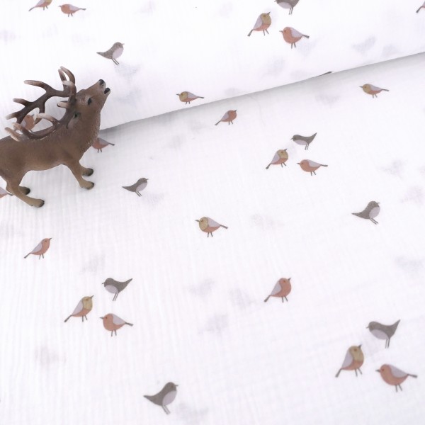 Musselin, Double Gauze, Vögel, Off-White, Meterware