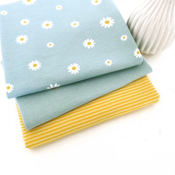 Stoffpaket Jersey, Margheriten, Mintblau, Ringel Gelb, Bündchen