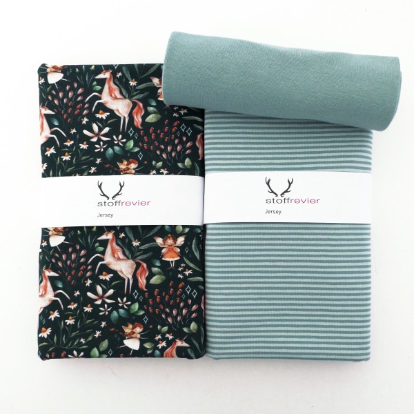 Stoffpaket Jersey, Einhörner und Elfen Petrol, Ringel Mint, 25 cm Bündchen