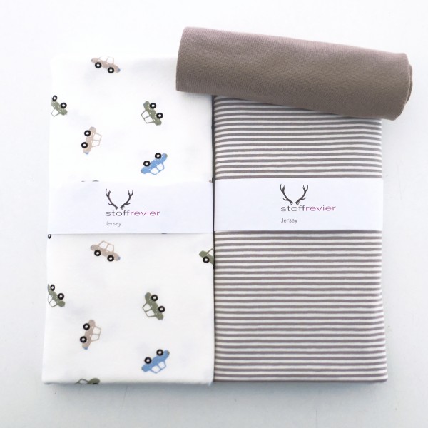 Stoffpaket Jersey, kleine Autos, Ringel, Bündchen