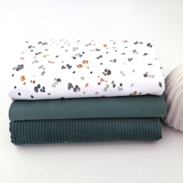 Stoffpaket Jersey Kleckse Water Colour, Cordjersey Uni Smaragd, Bündchen