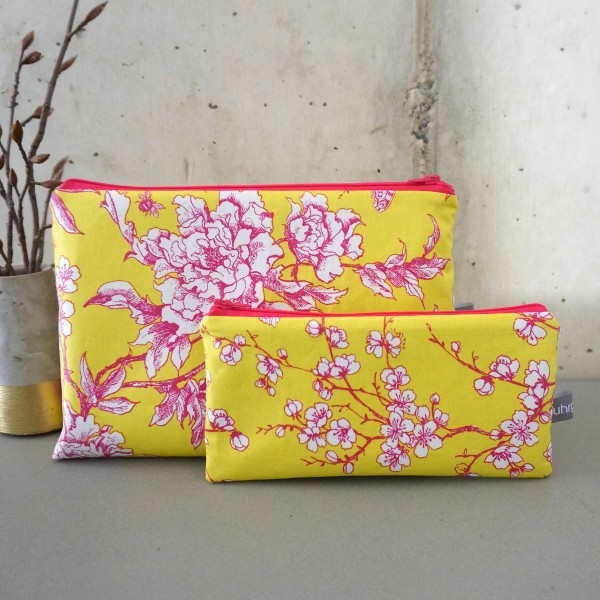 Kulturtasche und kleine Schminktasche im Set, Kirschblüte, Gelb