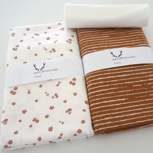 Stoffpaket Jersey Streublumen, Linien Camel, 50cm Bündchen
