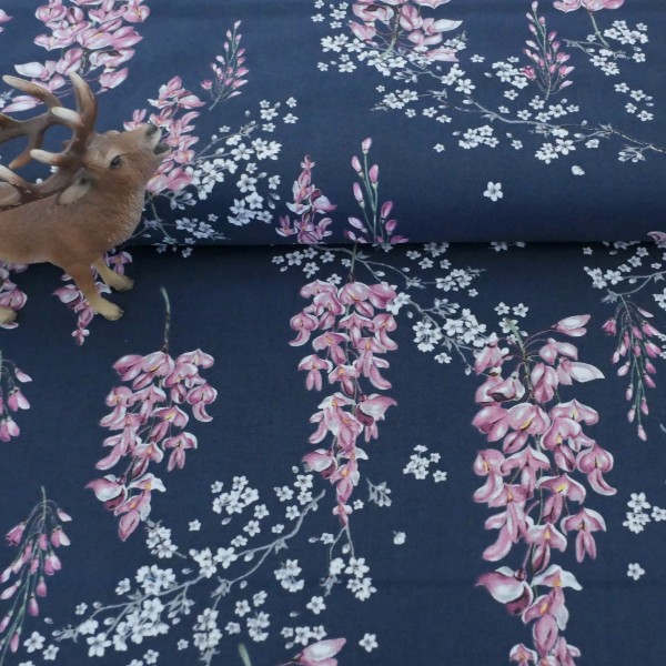 Baumwollstoff, Wisteria, Blauregen, Dunkelblau, Meterware