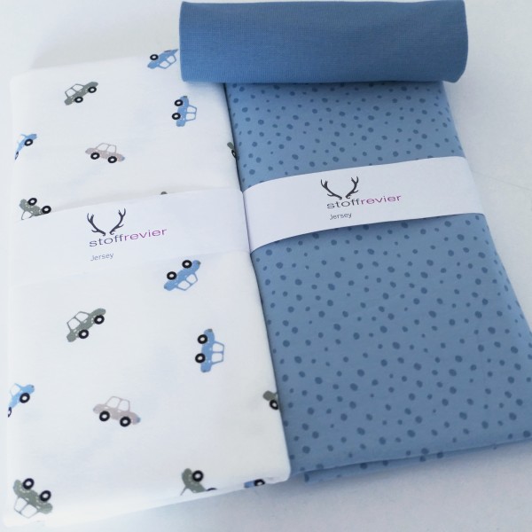 Stoffpaket Jersey, kleine Autos Off-White, Kleckse und Bündchen Blau