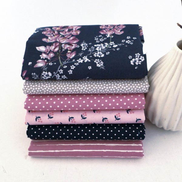 6 x Fat Quarter 'Wisteria' Blüten, Punkte, Kleckse, Linien, Patchwork, Paket