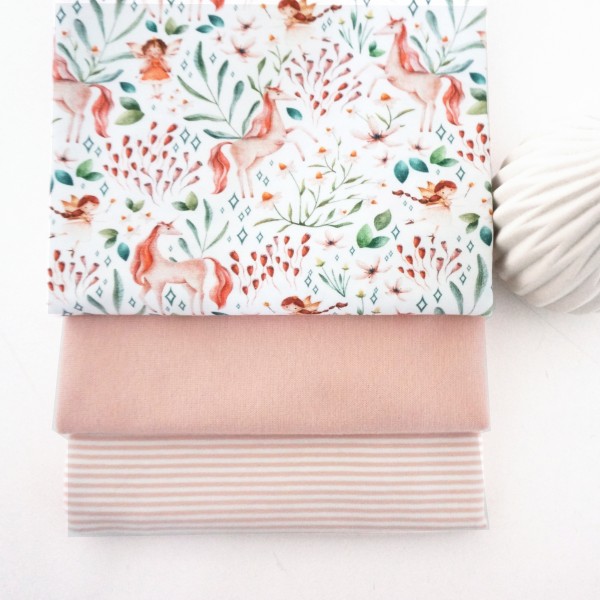 Stoffpaket Jersey, Einhörner und Elfen, Ringel Rosé, 50 cm Bündchen