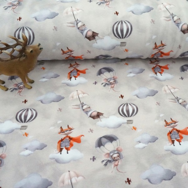 Jersey, Let's Fly, Tiere, Water Colour, Greige, Meterware