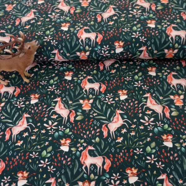 Jersey, Egge, Blumenelfen, Einhörner, Petrolgrün swafing, Meterware