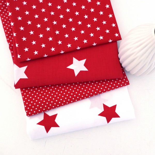 Stoffpaket Baumwolle, 4 x 50 x 140 cm, große Sterne, Dots, Rot/Weiß