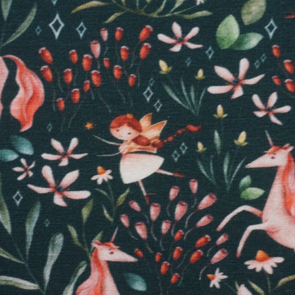 Jersey, Egge, Blumenelfen, Einhörner, Petrolgrün swafing, Meterware